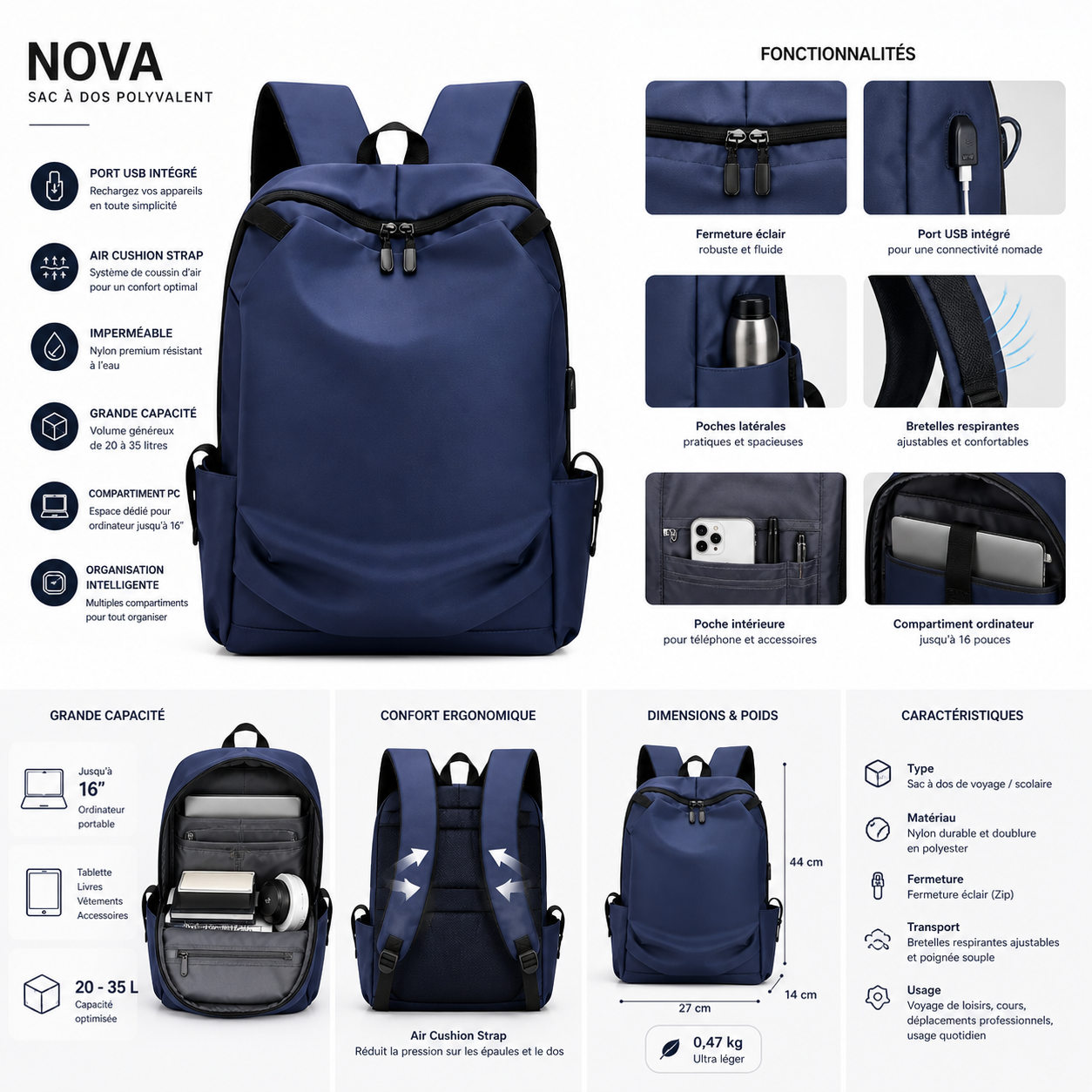 Nova – Sac à dos voyage et tech polyvalent