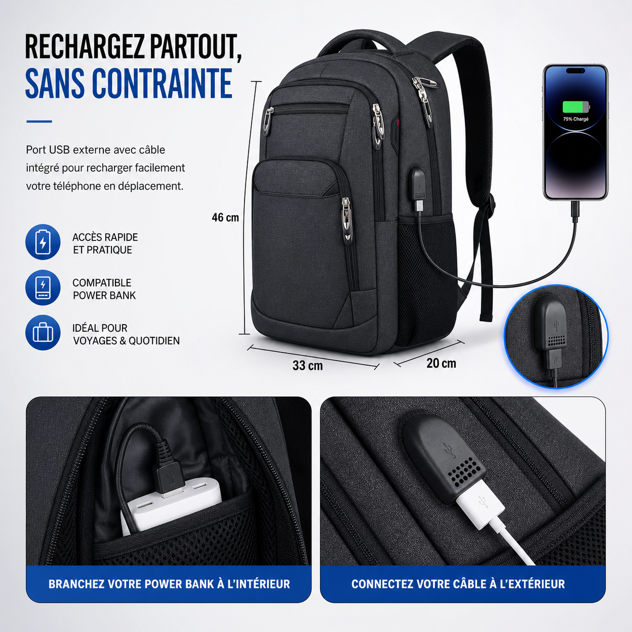 Zenith – Sac à dos Voyage Haute Capacité & Confort Absolu
